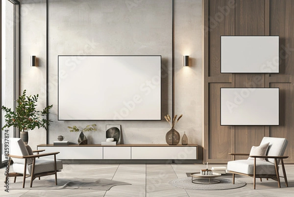 Fototapeta Realistic 3D render of a blank modern wall unit in multiple camera angles. High-quality mockup for showcasing.