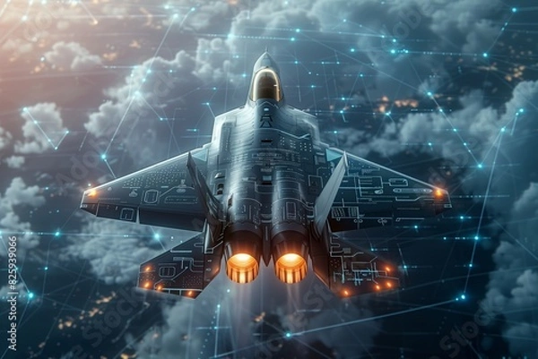 Fototapeta Sight aimed at fighter jet, satellite target, laser beam, digital tracking of tactical weapon from space, Modern tactical jet fighter shooting flares