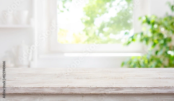 Fototapeta Empty wood table top on blur window sill and kitchen shelf background