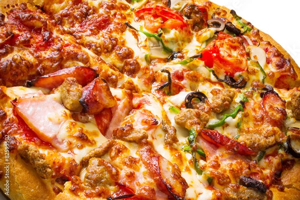 Fototapeta ミックスピザ　The background where a mixture pizza is white