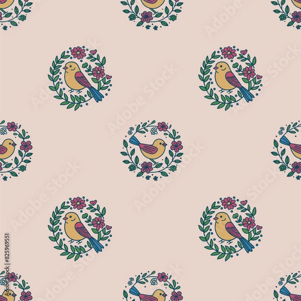 Fototapeta Birds and flowers seamless simple vector pattern