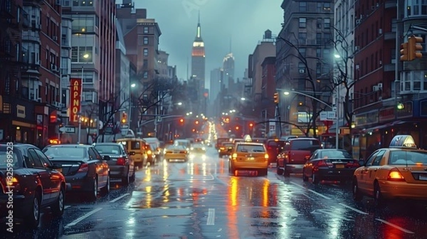 Fototapeta A city street at night filled with car lights and tall buildings illuminated against the night sky List of Art Media Photograph inspired by Spring magazine