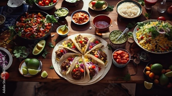Obraz The illustration of homemade taco food shows fun and creativity, with a background of several seasoning ingredients arranged on a wooden table