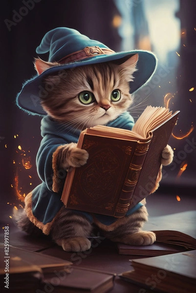 Fototapeta A whimsical illustration of a small, anthropomorphic tabby cat, adorned in a blue wizard's hat and robe, delving into the pages

of a mysterious, ornate brown book