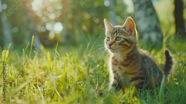 Fototapeta Curious kitten in sunlit grass, bathed in golden hour light.