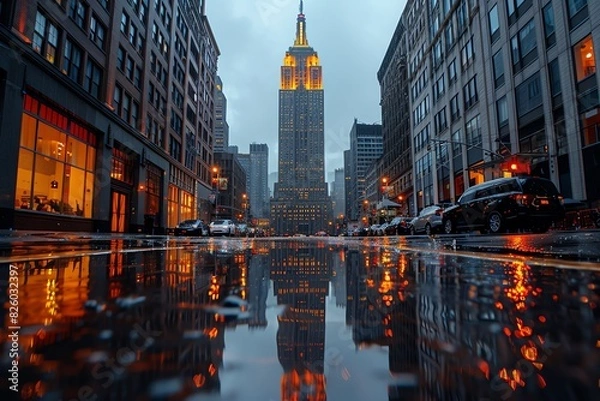 Fototapeta Rainy evening view of the Empire State Building reflecting in a puddle.