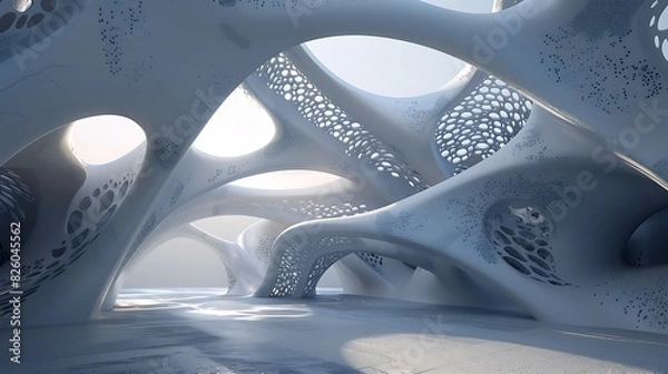 Obraz The image is a 3D rendering of a futuristic interior space.