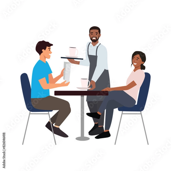 Fototapeta Young people resting in a cafe at a safe distance. Couple ordering menu in a cafe. Flat vector illustration isolated on white background