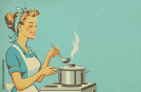 Obraz Paper textured vintage style illustration of cheerful young woman with apron cooking at the stove and standing isolated on blue background. Happy housewife of the 1950s concept. Copy space
