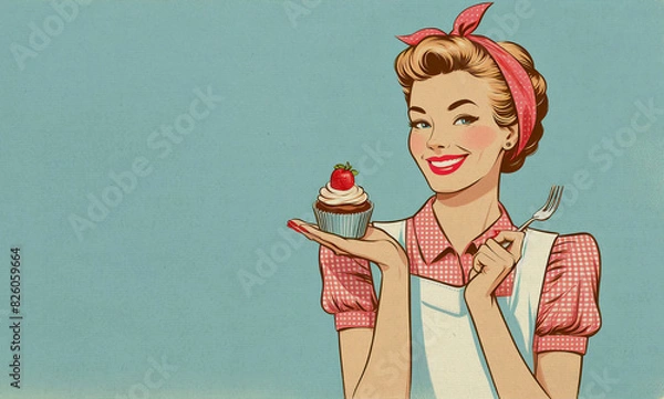 Obraz Paper textured vintage style illustration of cheerful young woman with apron holding cupcake in her hand and standing isolated on blue background. Happy housewife of the 1950s concept. Copy space
