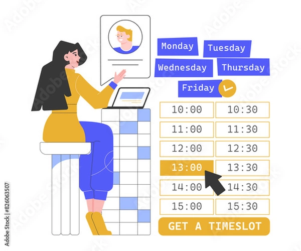 Fototapeta Selecting a time interval in the calendar. Making an appointment with a client, student, job candidate. Colleagues on a one-on-one online call. Schedule. Vector flat illustration.