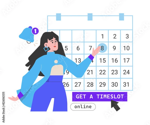 Obraz Select a date for an online meeting with a client or colleague, or an appointment with a doctor. Monthly planning, organization, management. The girl next to the calendar. Notification. Vector flat.
