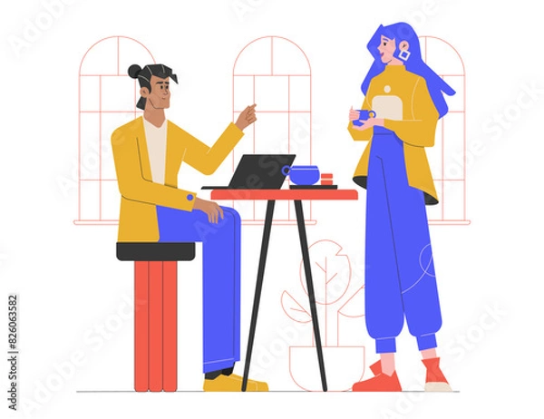 Obraz Colleagues communicate in the office. Co-workers are discussing the project and drinking coffee. The girl stands and holds a mug, the guy sits with a laptop. Young startup. Vector flat illustration.