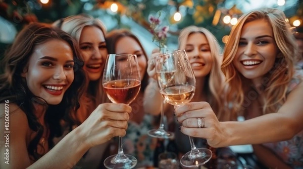 Fototapeta Girlfriends Enjoying at Cafe: Fashionable ladies raising their wine glasses in a toast, savoring their time together at an al fresco cafe. Embracing the concept of friendship
