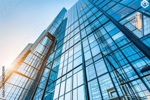 Fototapeta Modern glass skyscrapers in the city, low angle view of office buildings with blue windows against a clear sky background.