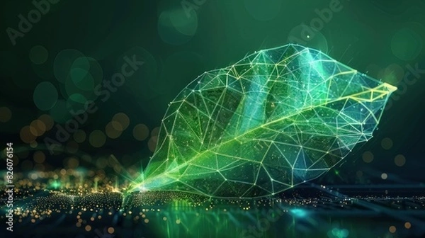 Fototapeta The advancement of technology in sustainable energy is symbolized by a green leaf adorned with a three-dimensional luminous tech mesh. This representation encapsulates the concepts of sustainability