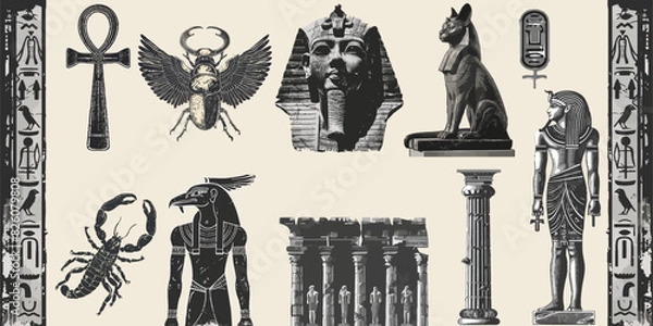 Fototapeta  Set of Egyptian temple interior design elements with monochrome vintage photocopy effect, y2k collage design. Stipple halftone retro design elements. Vector illustration of Ancient egyptian