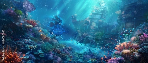 Fototapeta High-angle view of an enchanting fantasy world, blending vibrant coral reefs with mythical underwater realms, photorealistic details, digital painting
