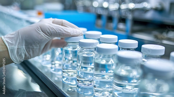 Fototapeta Hand with sanitary gloves check Medical vials on production line at pharmaceutical factory, Pharmaceutical machine working pharmaceutical glass bottles production line.