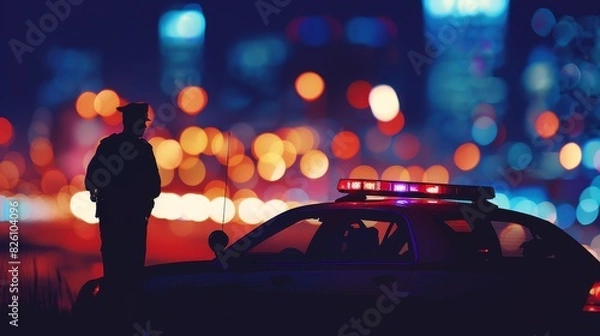 Fototapeta Observant silhouette of a policeman standing by his patrol car, with the city lights creating a dramatic background