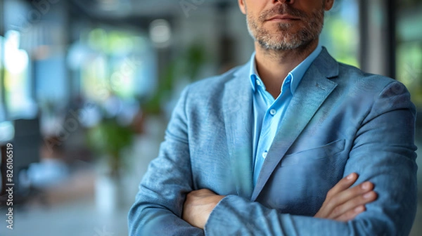 Fototapeta Businessman with crossed arms on office backdrop