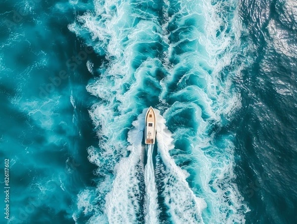 Fototapeta A boat going through the center of an ocean wave, bird's eye view, turquoise water, aerial photography, symmetrical, hyper realistic in the style of drone shot, sharp focus