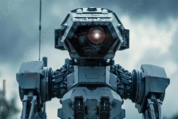 Fototapeta A close-up view of a robot against a sky background