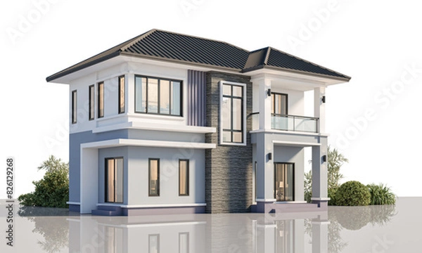 Fototapeta Architecture 3d rendering illustration of modern minimal house on white background