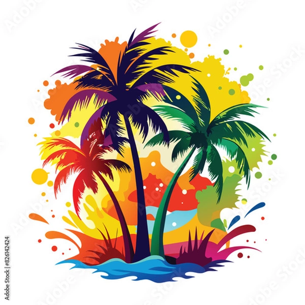Obraz summer background with palm trees and sun t shirt design vector wolf illustration