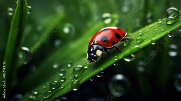 Fototapeta a red ladybug with black dots on it, was walking on a green leaf wet with water droplets.