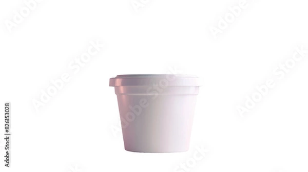 Fototapeta A white cup with a pink lid is placed on a plain white background, emphasizing simplicity and minimalism