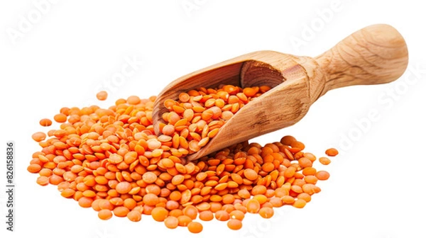Obraz A wooden scoop holding red lentils against a white background