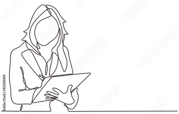 Fototapeta Single continuous line drawing of woman doing business check. Business audit concept one line drawing design.