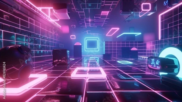 Fototapeta virtual augmented reality environment with neon light elements forming the digital landscape