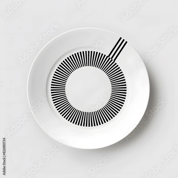 Fototapeta Dinner plate top view, minimalist geometric design, black and white isolated on white background