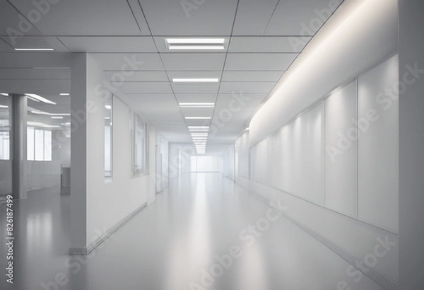 Fototapeta White open space office corridor with blank mock up wall