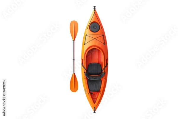 Fototapeta Orange plastic kayak with paddle isolated on white background