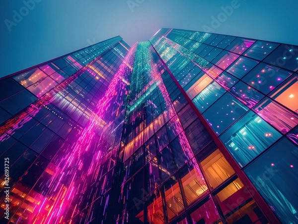 Obraz Futuristic city skyscraper with vibrant neon lights reflecting off its glass facade, creating a dynamic and modern atmosphere. Perfect for showcasing urban innovation and high-tech architecture.