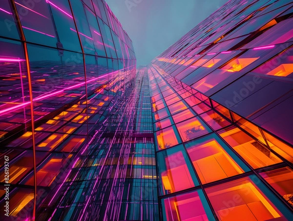 Obraz Futuristic skyscraper with vibrant neon lighting and modern glass architecture creating a stunning urban scene at dusk.