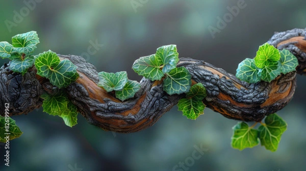 Fototapeta Elegant twisted branch enveloped in ivy, highlighting the captivating blend of twisted wood and green foliage.