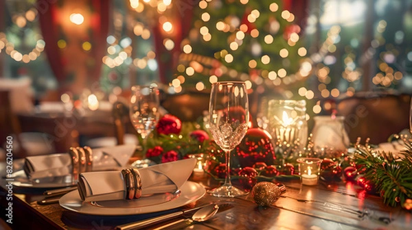 Obraz table set for a party, christmas  table, christmas decoration, christmas table setting rose