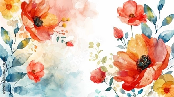 Fototapeta Beautiful watercolor floral painting with vibrant red and orange flowers, perfect for spring and summer designs, invitations, or backgrounds.