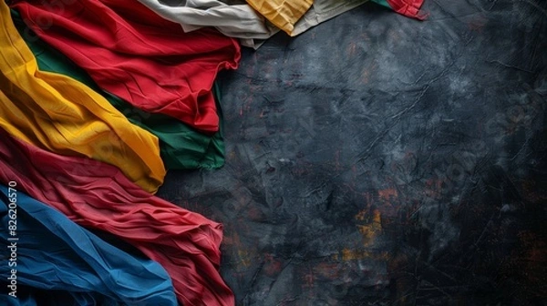 Fototapeta Colorful fabrics in various shades arranged on a dark background. Ideal for design, fashion, and textile projects. Vivid and vibrant colors.