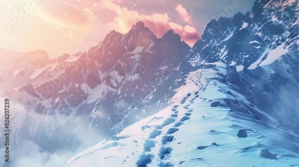 Fototapeta Majestic snowy mountain trail under a pink and orange sky, with footprints leading to the horizon. Serene winter landscape.