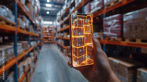 Fototapeta Revolutionising supply chains, a smart warehouse system utilizes AR to streamline package picking and delivery, showcasing the future of logistics.