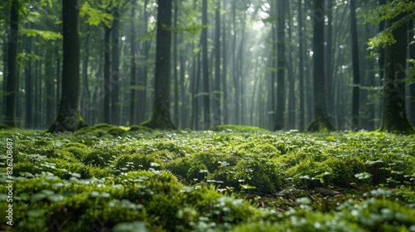 Fototapeta Forest floor covered with micrograss and moss, symbolizing environmental conservation and the commitment to eco-safe practices.