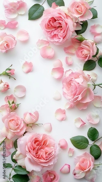 Fototapeta Close up of blooming pink roses flowers and petals isolated on white table background. Floral frame composition. Decorative web banner. Empty space, flat lay, top view.