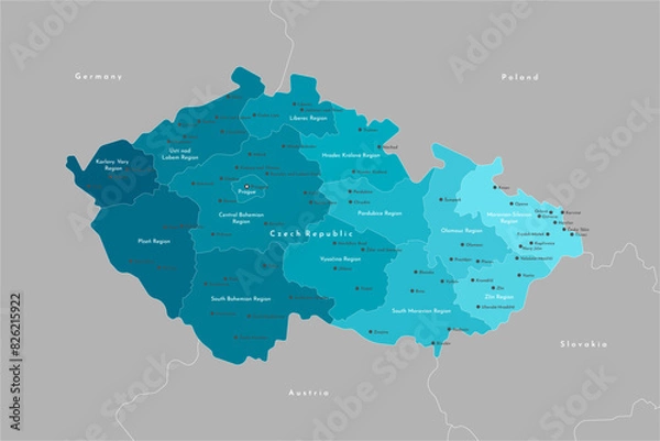 Fototapeta Vector modern illustration. Simplified administrative map of Czech Republic. Border with nearest states Austria, Germany and etc. Blue shapes of regions. Names of cities and regions