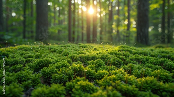 Fototapeta Micrograss and moss thriving in the forest, representing eco-friendly conservation efforts and the importance of environmental preservation.
