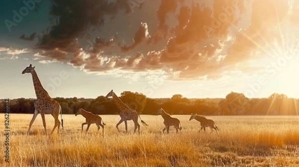 Fototapeta   A group of giraffes strolling through a parched field, bathed in sunlight filtering through clouded skies